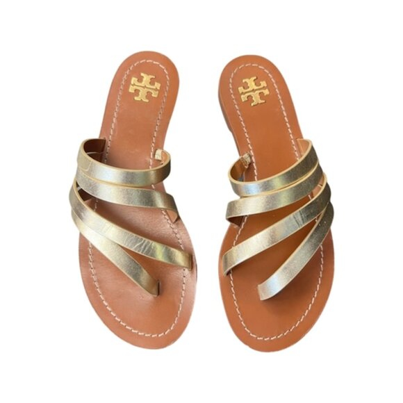 Tory Burch ~ Patos Metallic Leather Thong Sandals ~ 10 - Picture 1 of 9
